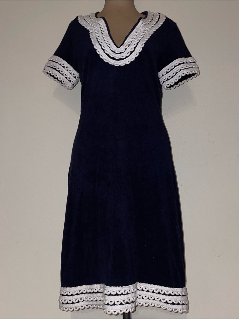 Tory Burch Navy Midi Dress with White Crochet Trim